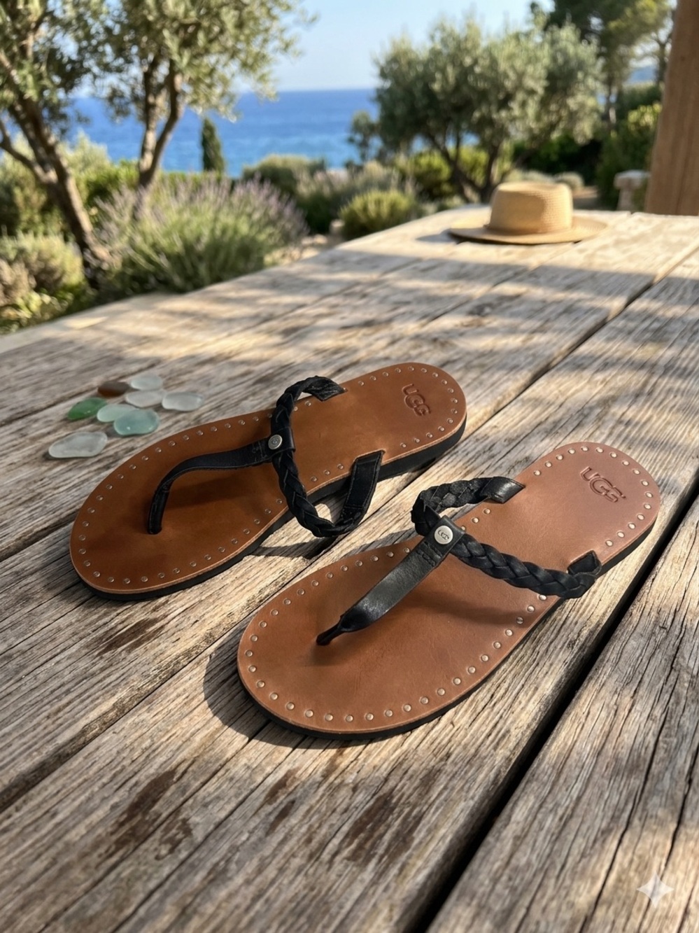 UGG Women's Tan Leather Flip Flops with Black Braided Straps